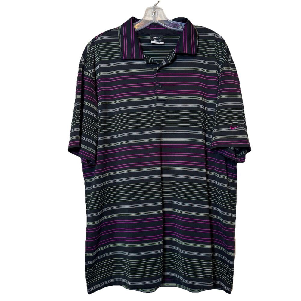Nike Golf Dri-Fit Multi-Color Striped Black Polo Shirt Athletic Men’s Size L